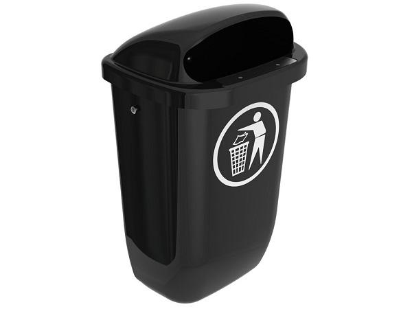 Plastic outdoor waste bin black<br>50 litres wall or post mount