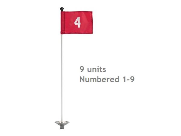 Pr. grn flags No. 1-9 Ø 1.3 cm rod<br>Red - incl 9 white rods & bases