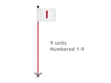 Pr. grn flags No. 1-9 Ø 1.3 cm rod&amp;lt;br&amp;gt;White - incl 9 red rods &amp; bases