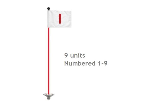 Pr. grn flags No. 1-9 Ø 1.3 cm rod<br>White - incl 9 red rods & bases
