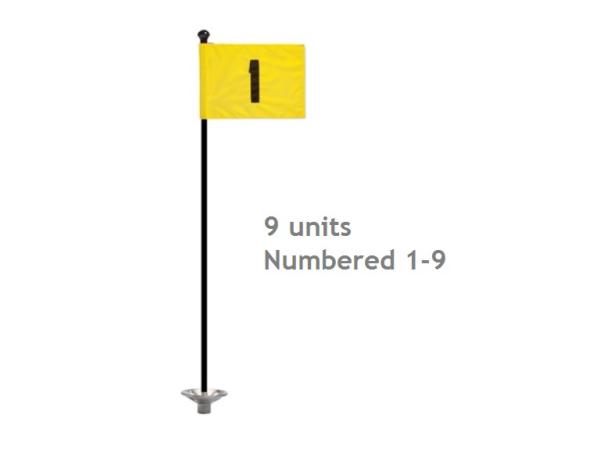 Pr. grn flags No. 1-9 Ø 1.3 cm rod<br>Yellow - incl 9 black rods & bases