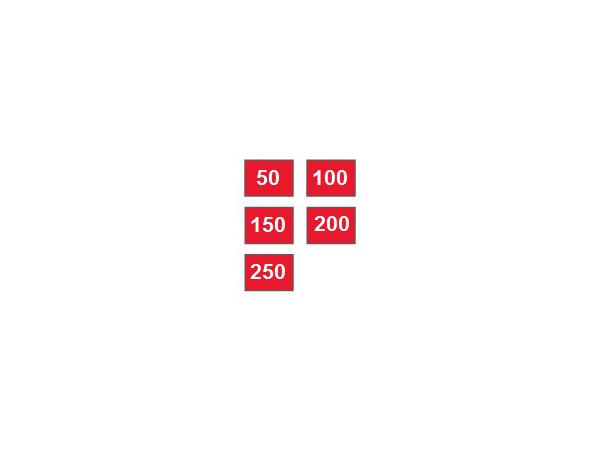 Range flags numbered-Red/white<br>50-100-150-200-250 (set of 5)